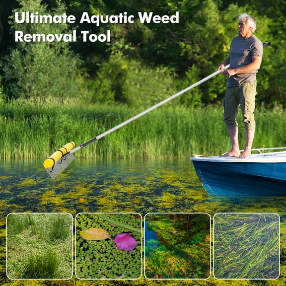 Amijoy Floating Weed Lake Rake, 36" Aquatic Pond Weed Cutter with Foam Floats, Extended Handle & Rope