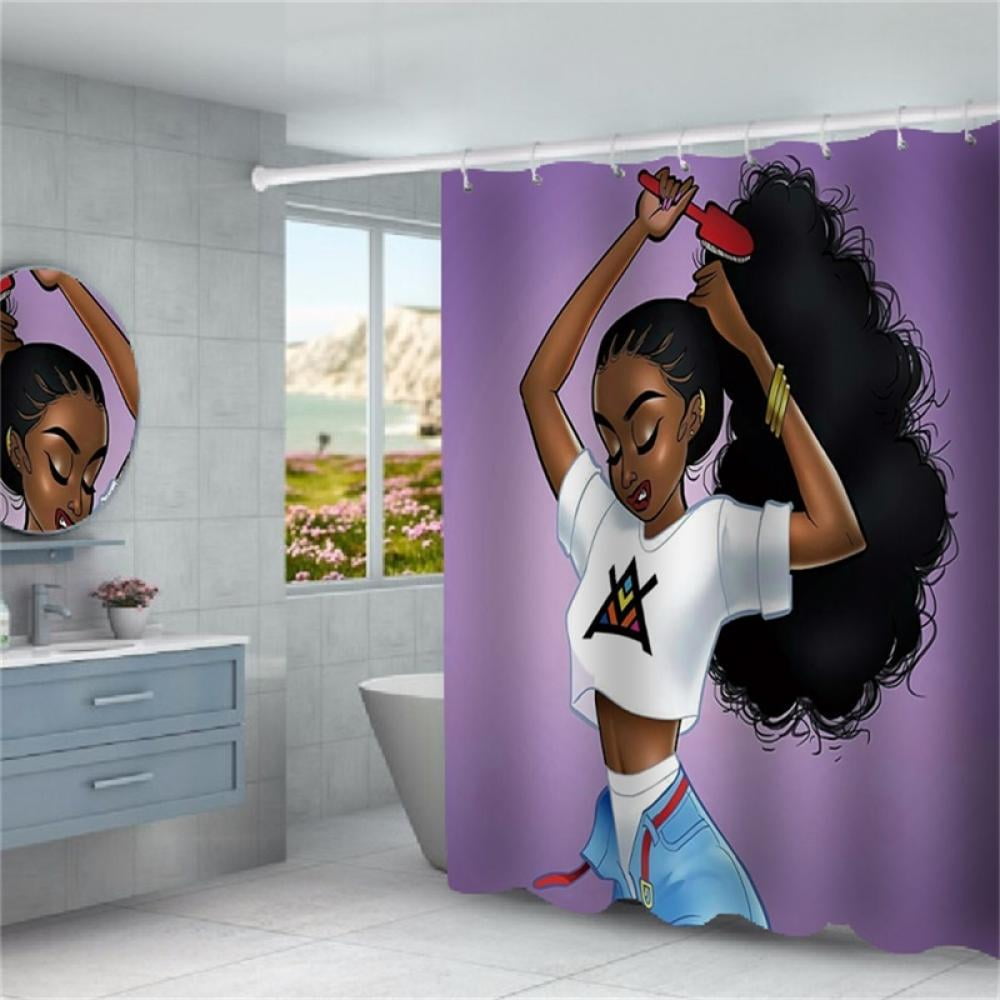 African American Cartoon afro woman Bathroom Shower Curtain Waterproof 12 Hooks 