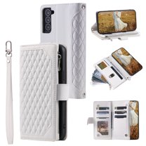 for Samsung Galaxy S21 Plus 6.7" Wallet Case, Luxury PU Leather Folio Flip Protective Cover with Wrist Strap [Credit Card Holder ] [Zipper Pocket] [Kickstand Function] Magnetic Case,White