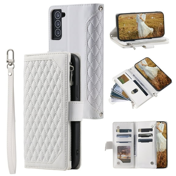 Nalacover for Samsung Galaxy S22 Plus Flip Kickstand Wallet Case,Full Body Protection PU Leather Shockproof Magnetic Closure Zipper Pocket with Detachable Hand Strap&Shoulder Strap Cover.White