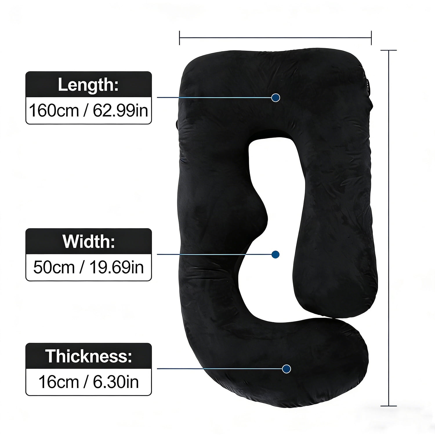 J-Shaped Pregnancy Pillow (65" x 16" x 8") - Full Body Maternity Support Pillow for Back, Hip and Belly Relief, Black