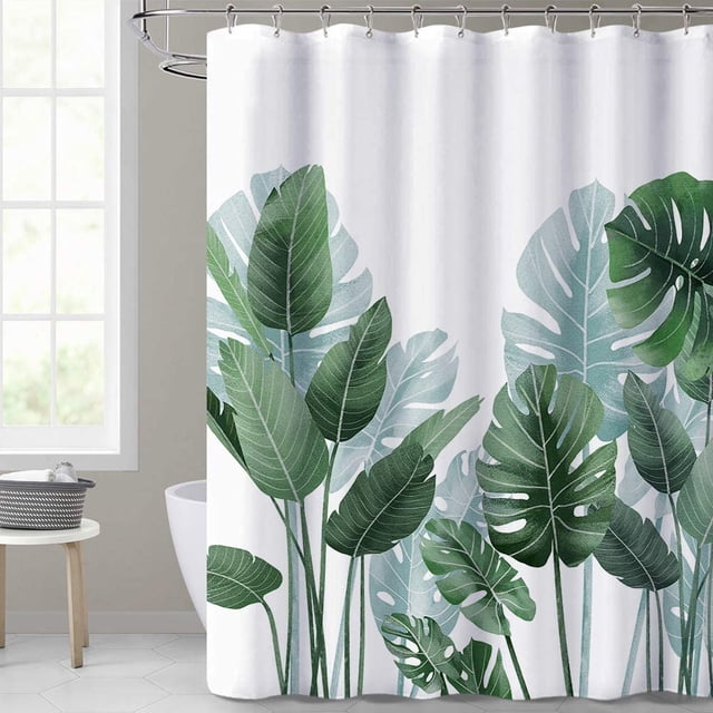 Cortinas de ducha para baño – Planta de hojas tropicales sobre fondo blanco Cortina inodora para duchas y bañeras de baño, 72 x 72 pulgadas de largo, ganchos incluidos oso de fresa Electrónica