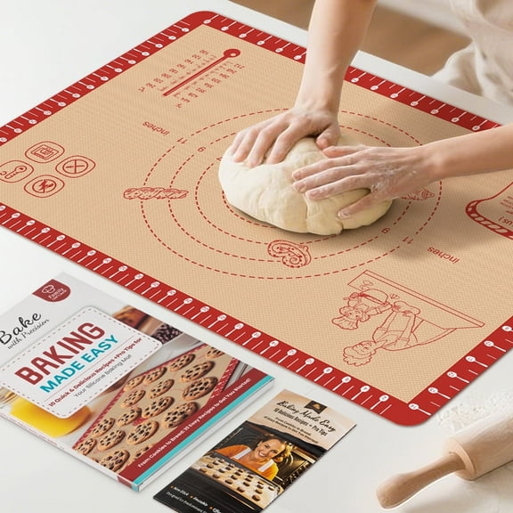 Goldeer Silicone Baking Mat with Recipes, Non-Stick & 0.7mm Extra Thick Pastry Mat for Rolling Dough, Macaron, Cookie, Pizza - Oven & Dishwasher Safe (26x16 Inch)