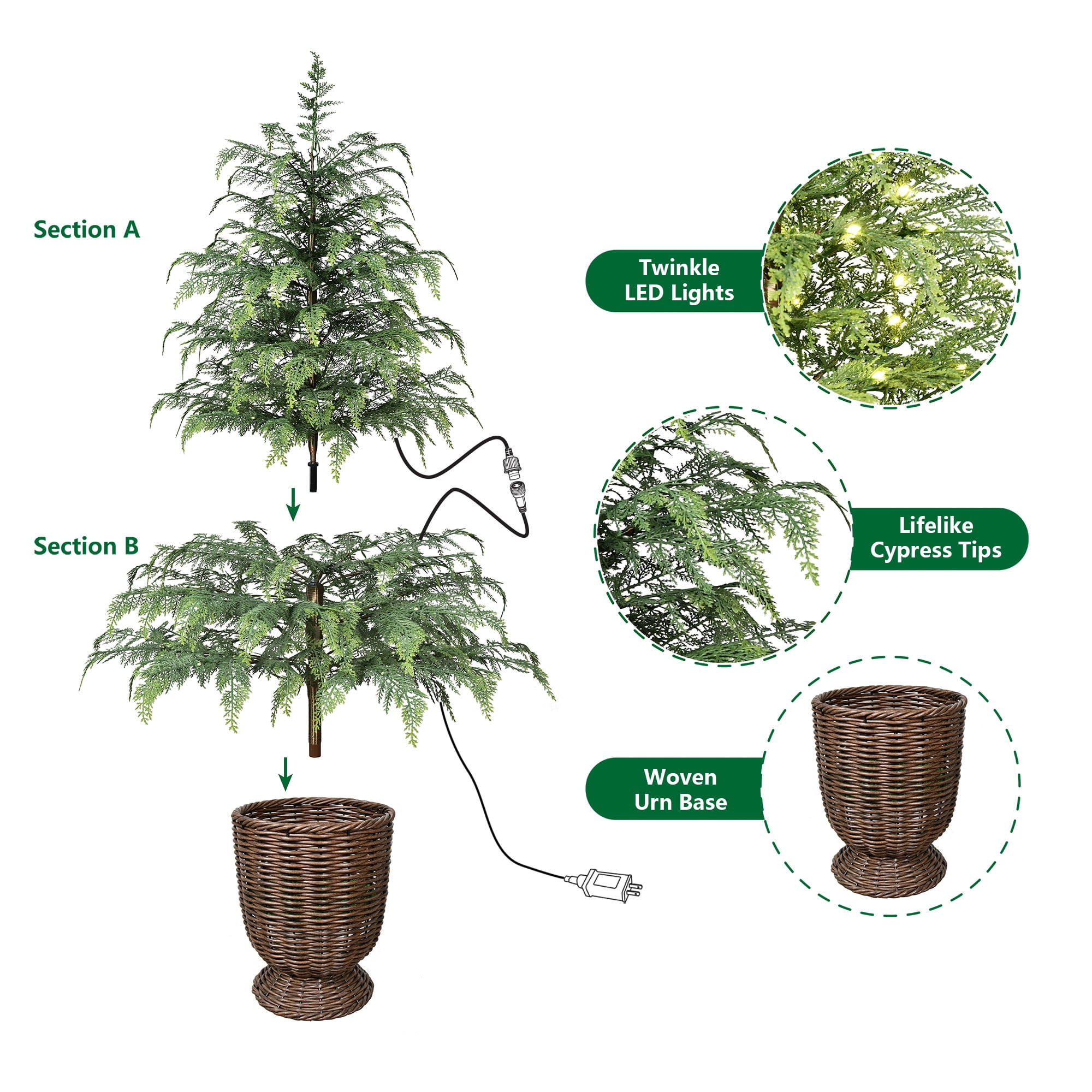 My Texas House 4ft Prelit Green Cypress Artificial Christmas Potted Tree, 100 Warm White Twinkle LED