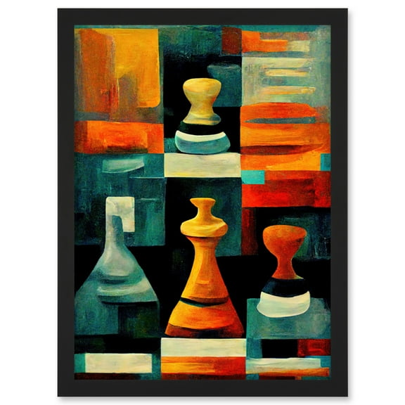 Chess Board And Pieces Modern Abstract Oil Artwork Framed Wall Art Print A4