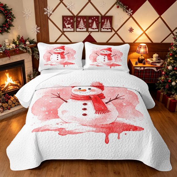 Erosebridal Winter Xmas Snowman Twin Quilt Set, Scarf Snowflake Twin Coverlet Set, White Red, 2 Pieces, 1 Bedspread and 1 Pillowcase