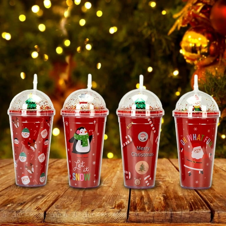 Qisuw Christmas Cup with Lid and Straw Reusable Double Wall Tumbler Coffee Mug  Xmas Santa Snowman Drinkware for Women Men Kids 