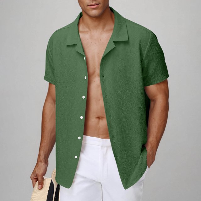 Tops for Men under $5 Short Sleeve Button Down Shirts Turndown Collar Button Casual Solid Shirt Green S