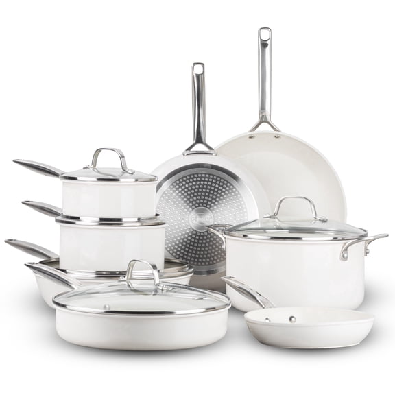Gotham Steel Pro 13 Pc Ceramic Pots and Pans Set Non Stick, Ceramic Cookware Set, Induction Ready Pot and Pan Set, Forged Aluminum Construction, Dishwasher Safe, Cream