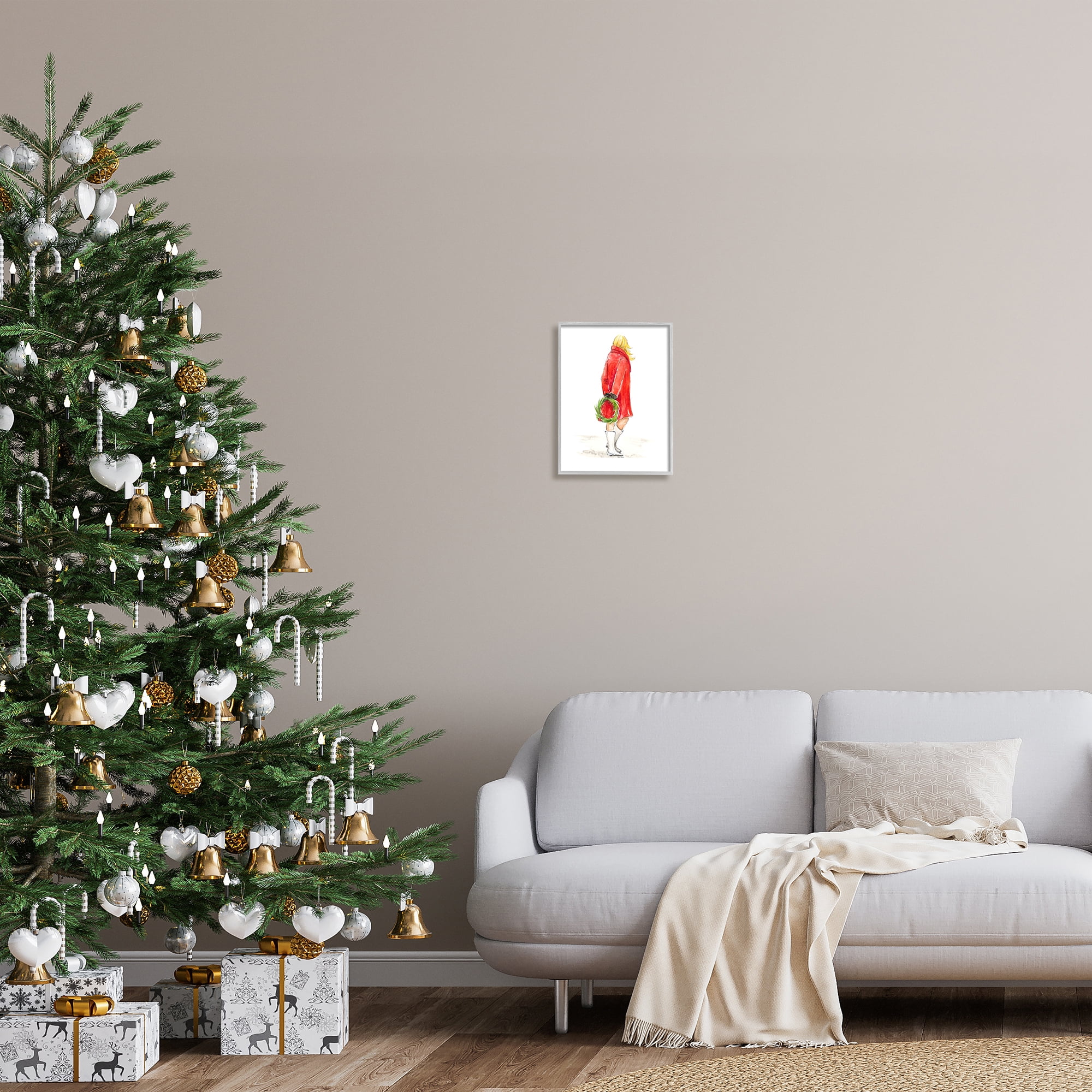 Indtries Glam Fashion Red Jacket Christmas Woman with Wreath 11 in x 14 in Framed Painting Art Prints, by Stupell Home Décor
