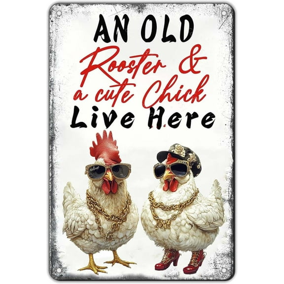 Vintage Metal Sign An Old Rooster and A Cute Chick Live Here Funny Chicken Farmhouse Decor Aluminum Tin Sign for Home Kitchen Bar Garage Wall Art 8x12 Inch