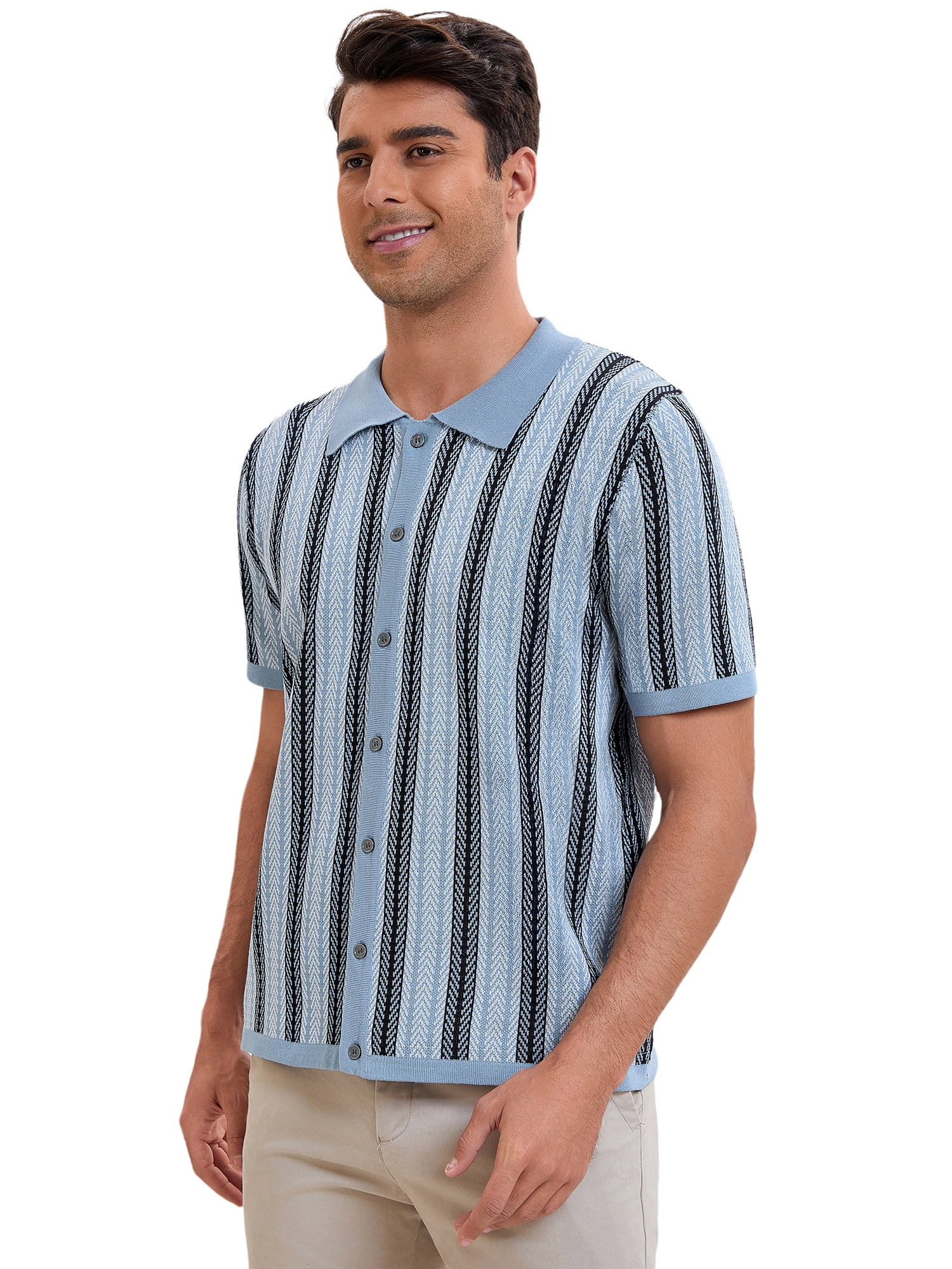 DARING DIVA Men's Striped Short Sleeves Button Down Jacquard Polo Shirts S Light Blue