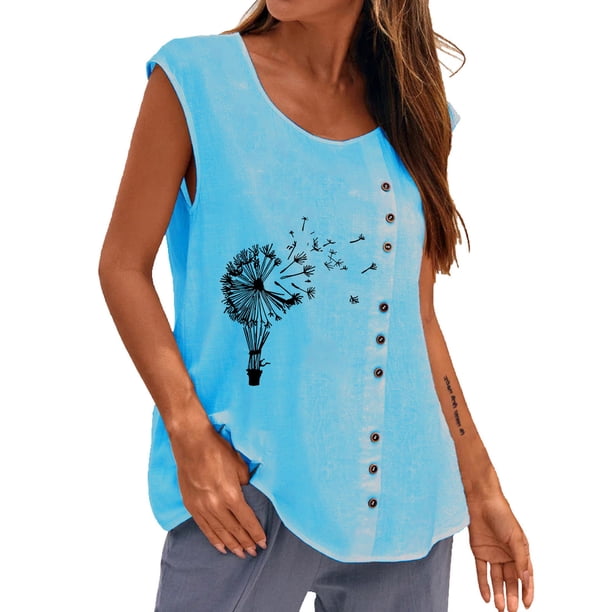 Mujer Verano Casual Sin mangas Botón Chaleco Cuello redondo Blusa suelta Active Top Mujer Fridja gh2230
