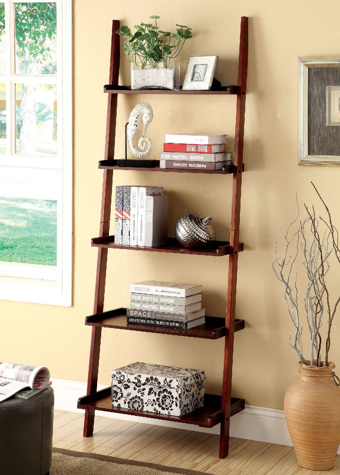 Sion Contemporary Wall Ladder Display Shelf 5Tier Shelves Solid Wood