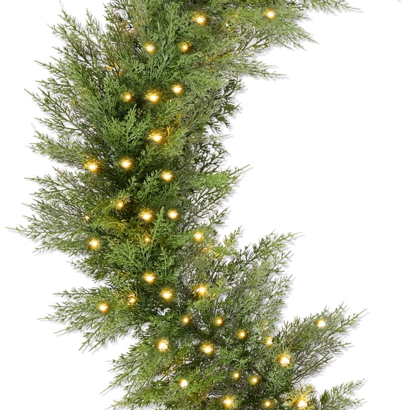 Pre-Lit Cedar Cypress Christmas Garland w/ Twinkling LEDs, 6Ft Realistic Indoor Holiday Decor for Door, Mantle, Battery