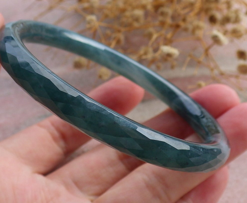 Icy Green Natural A JADE Jadeite Dia Cut Circle Bangle Bracelet 58 mm 682922 TN