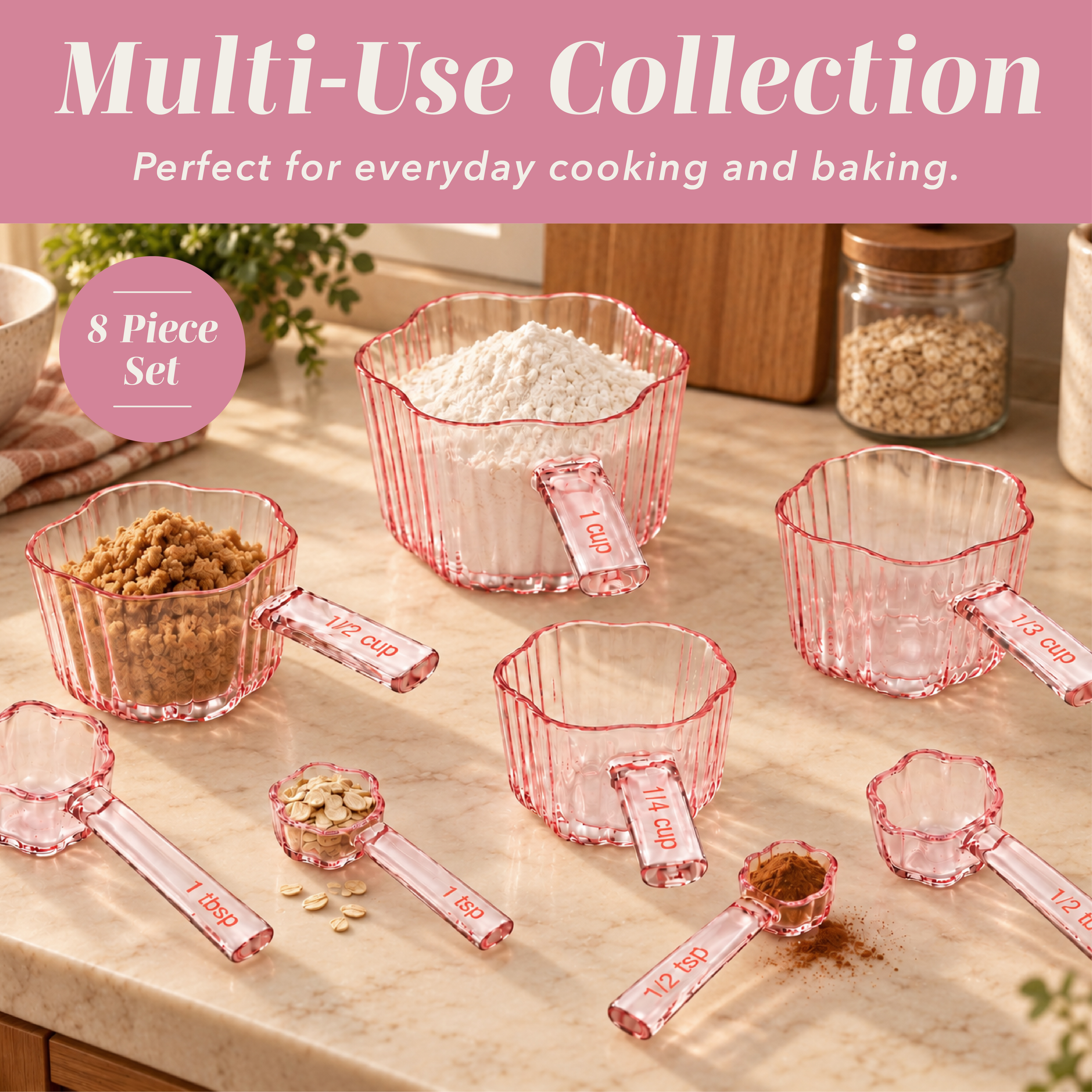 Cook With Color 8-Piece Flower Glass Measuring Cups & Spoons, Pink photo 8