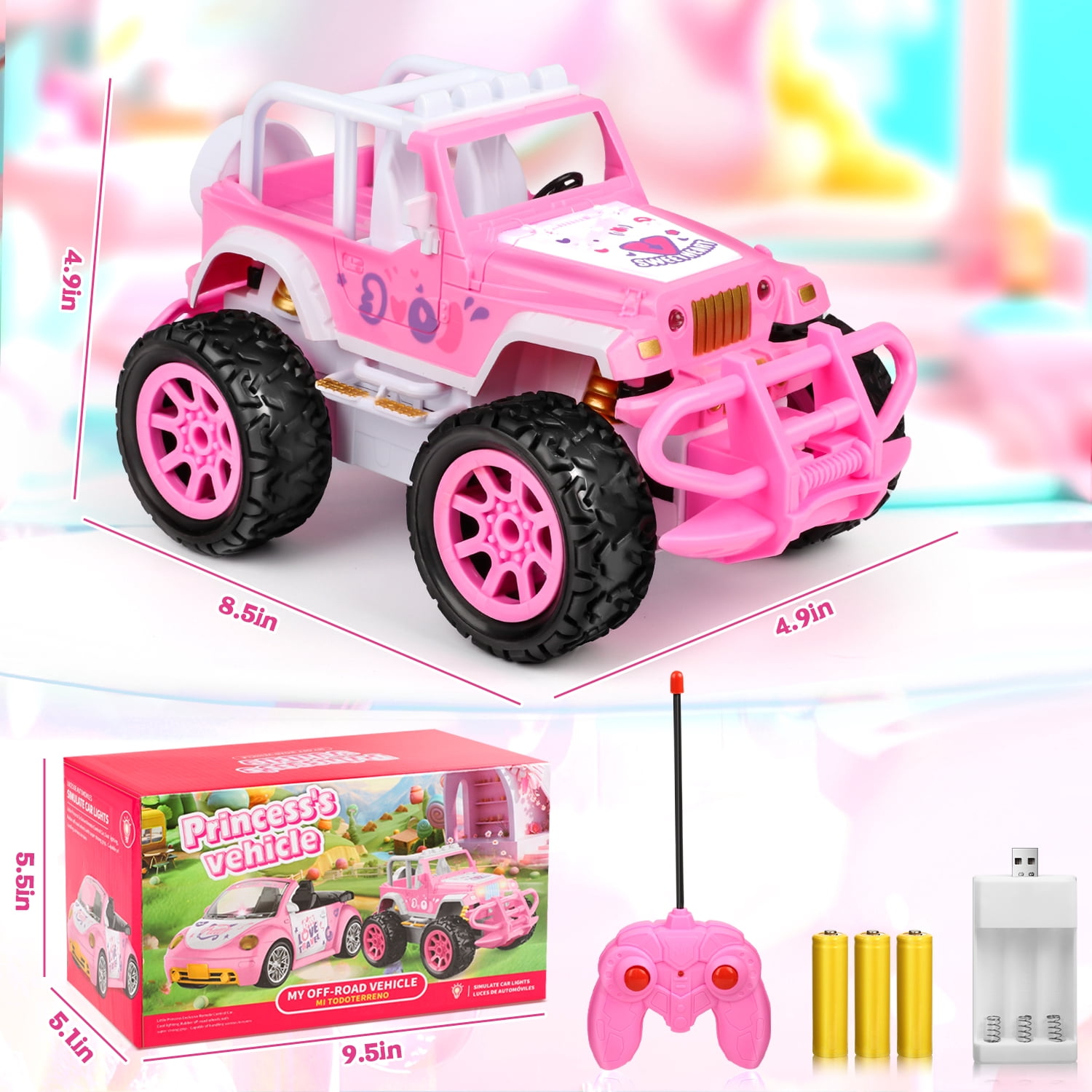 Flooyes Remote Control Car for Girls, Pink RC Car, 2.4Ghz All Terrain Off-Road RC Truck with Rechargeable Battery, Girl Toys Birthday  Gifts for 3 4 5 6 7 8 Years Old Kids