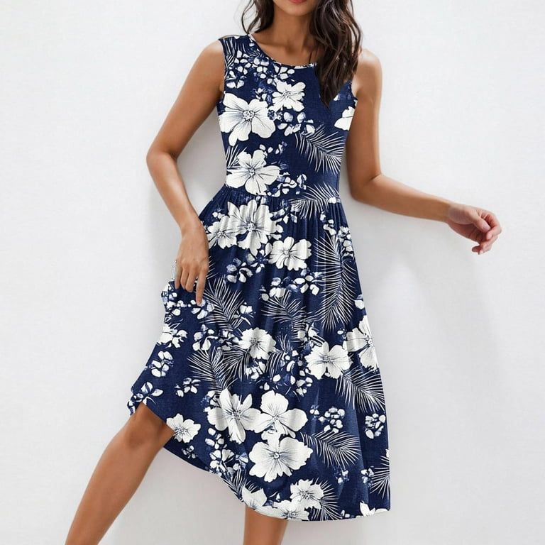 Lorytime Knee Length Dresses for Women Blue Pleated Crewneck Tank Dress A Line Dress Sleeveless Floral Graphic Print Sundress Midi Dress with Pocket Lorytime Knee Length Dresses for Women Blue Pleated Crewneck Tank Dress A Line Dress Sleeveless Floral Graphic Print Sundress Midi Dress with Pocket
