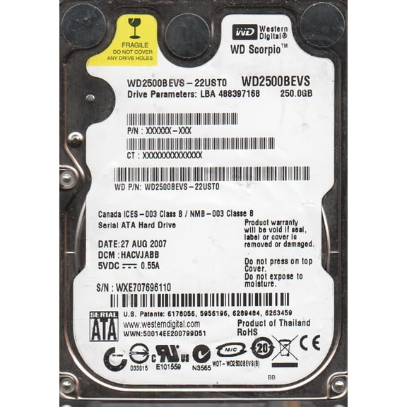 WD2500BEVS-22UST0, DCM HACVJABB, Western Digital 250GB SATA 2.5 Hard Drive