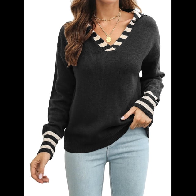 Suéter de Punto de Corte Regular con Cuello Marinero, Puños y Cuello en V A Rayas para Mujer Negro L