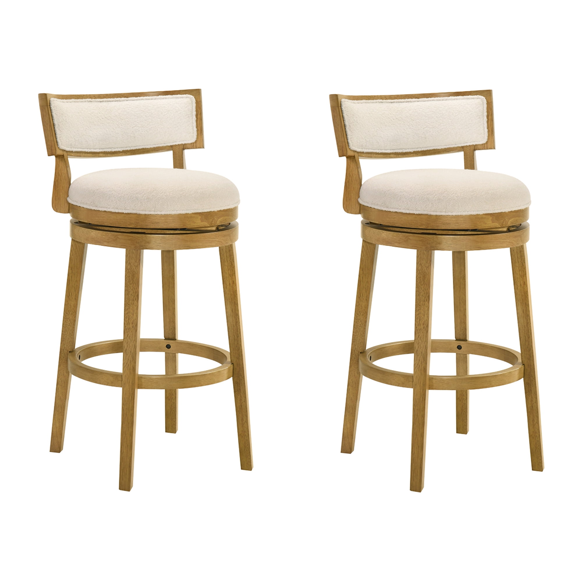 Noely Modern Farmhouse Swivel Wood Bar Height Kitchen Bar Stool in Amber Glow Finish with White Boucle Fabric Upholstered Seat - Set of 2