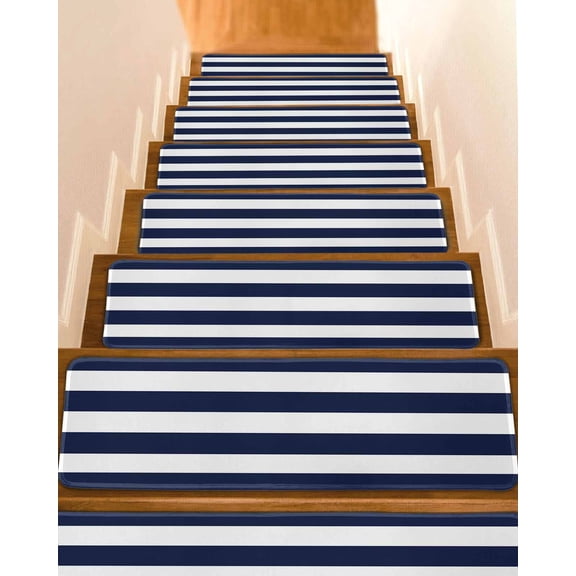 Navy Blue White Stripes Simple Stair Treads Non Slip for Steps Geometric 10 Pcs Reusable Adhesive Stair Runner Mats for Dogs Elders Carpet Treads Rugs for Staircase 8x30 In