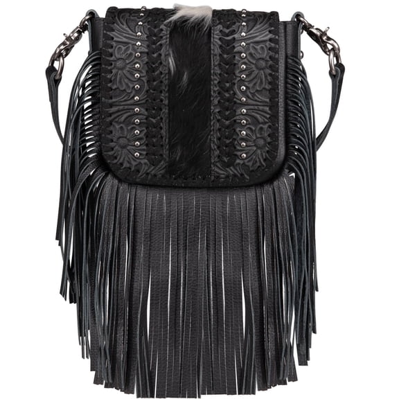 Montana West Small Genuine Leather Crossbody Purse for Women Western Fringe Tassel Bag with Floral Tooled Flap, Black