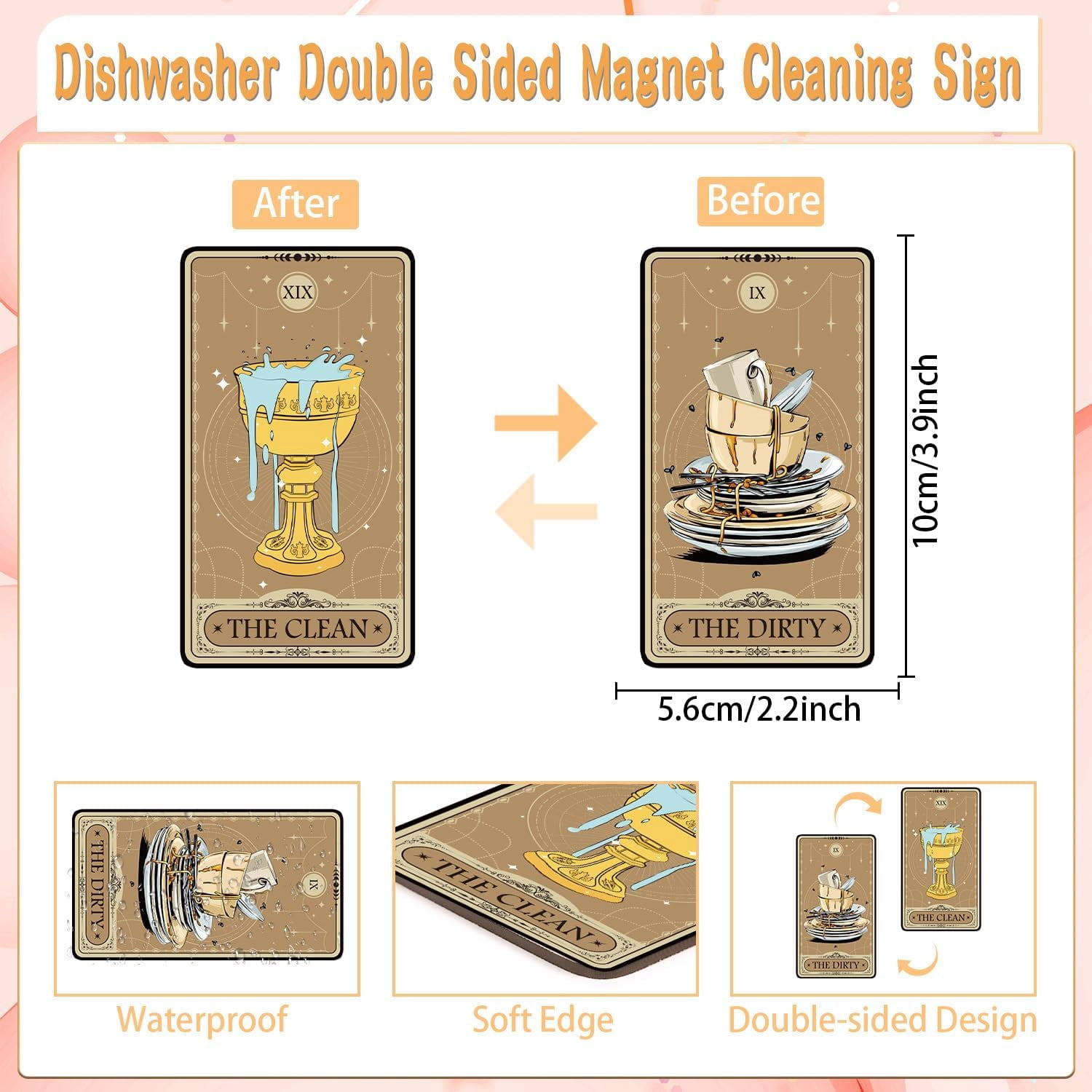 Dishwasher Magnet Clean Dirty Sign - Tarot Cards Dish Washer Magnet Gothic Double Sided Clean Dirty Magnets for Dishwasher Magnetic Flip Indicator for Home Kitchen Refrigerator Decor