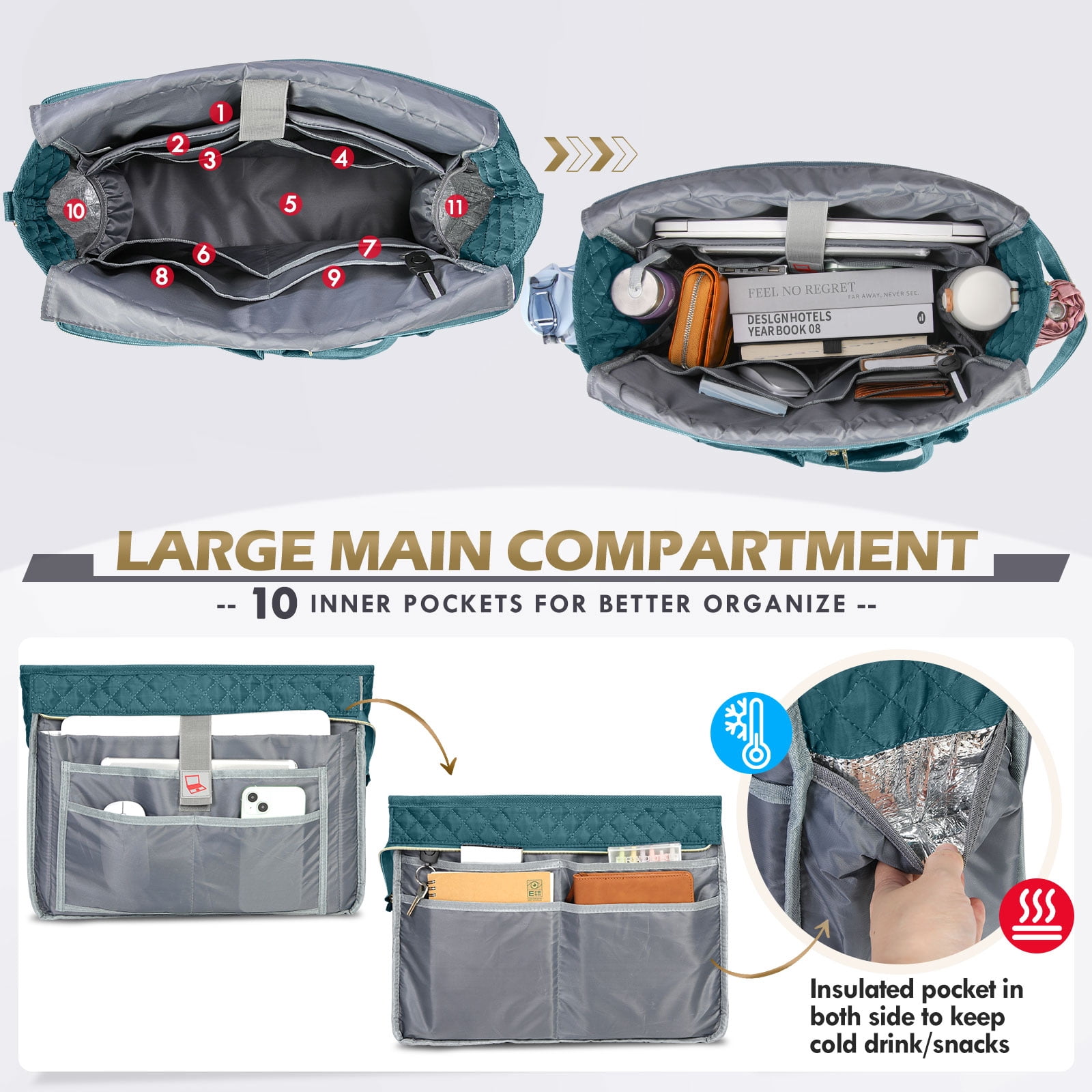 RAINSMORE Teacher Tote Bag 15.6 inch Laptop Bag for Women Work Bags Laptop Tote Nurse Bag Professional Computer Messenger with Insulated Pocket, Laptop Briefcase for Office, College, Nursing