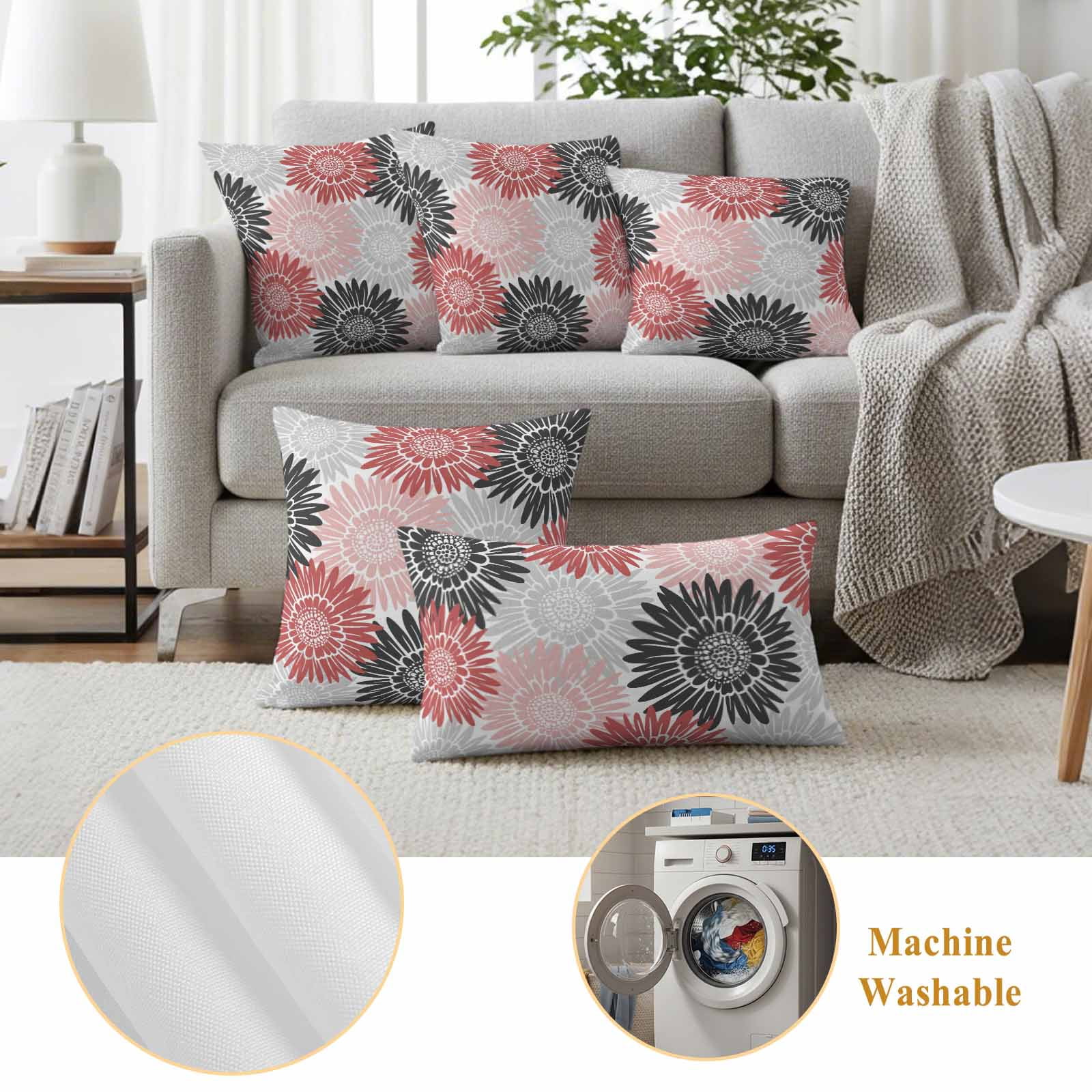 Red Pink Grey Sunflowers Outdoor Waterproof Throw Pillow Covers 20x20 Set of 2, Boho Retro Floral Rustic Blossom Pillowcases Cushion Pillowcase for Couch Sofa Patio Outside Pillow Protector