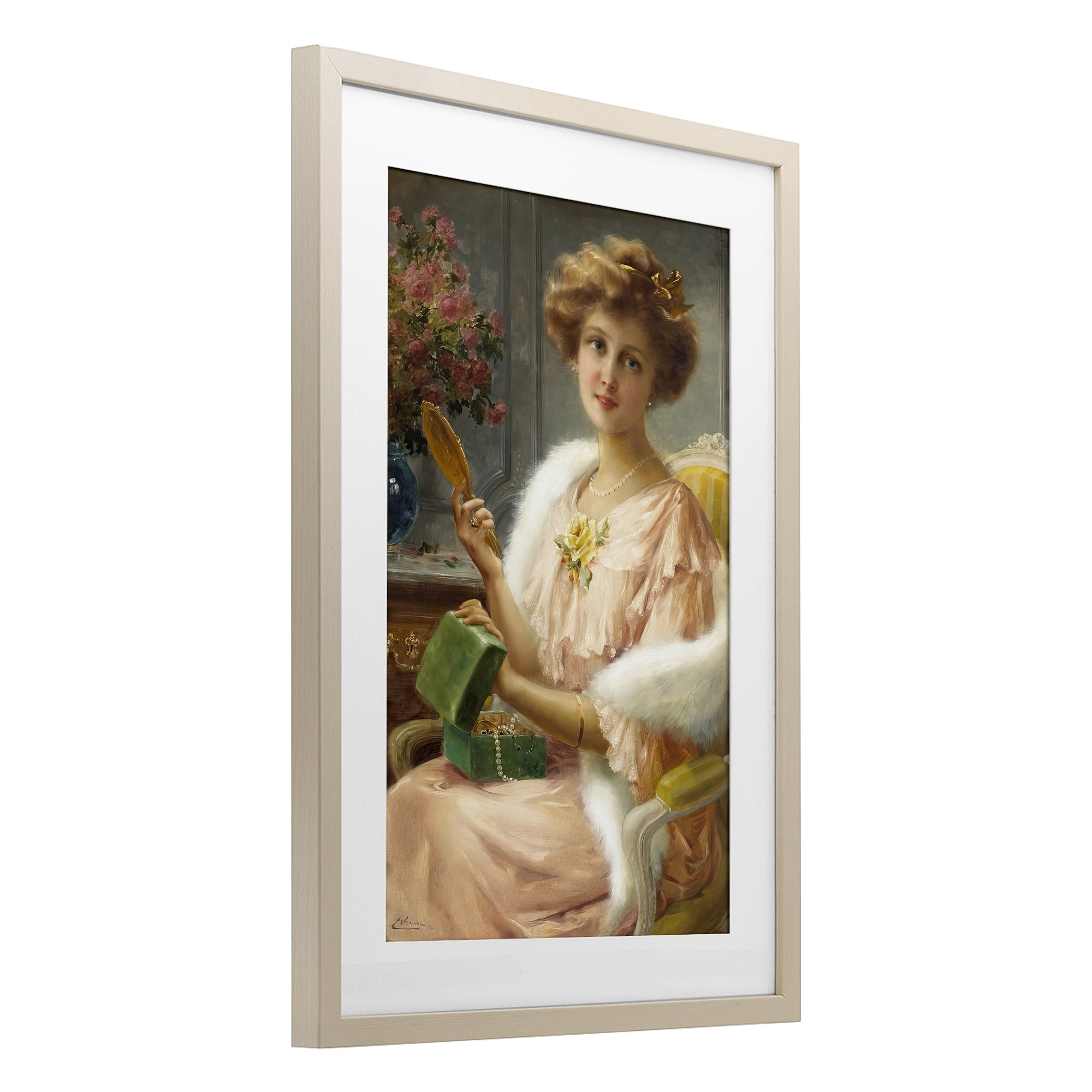 Stupell Industries Young Lady with Mirror Birch Framed Print Under Glass, design by Tina LeCour