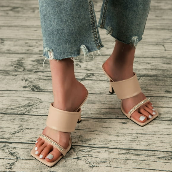 My Order ABPWLY Women's Shoes Fashion Solid Color Minimalistic Square Head Rhinestone Heel Sandals Slippers Flip Flop
