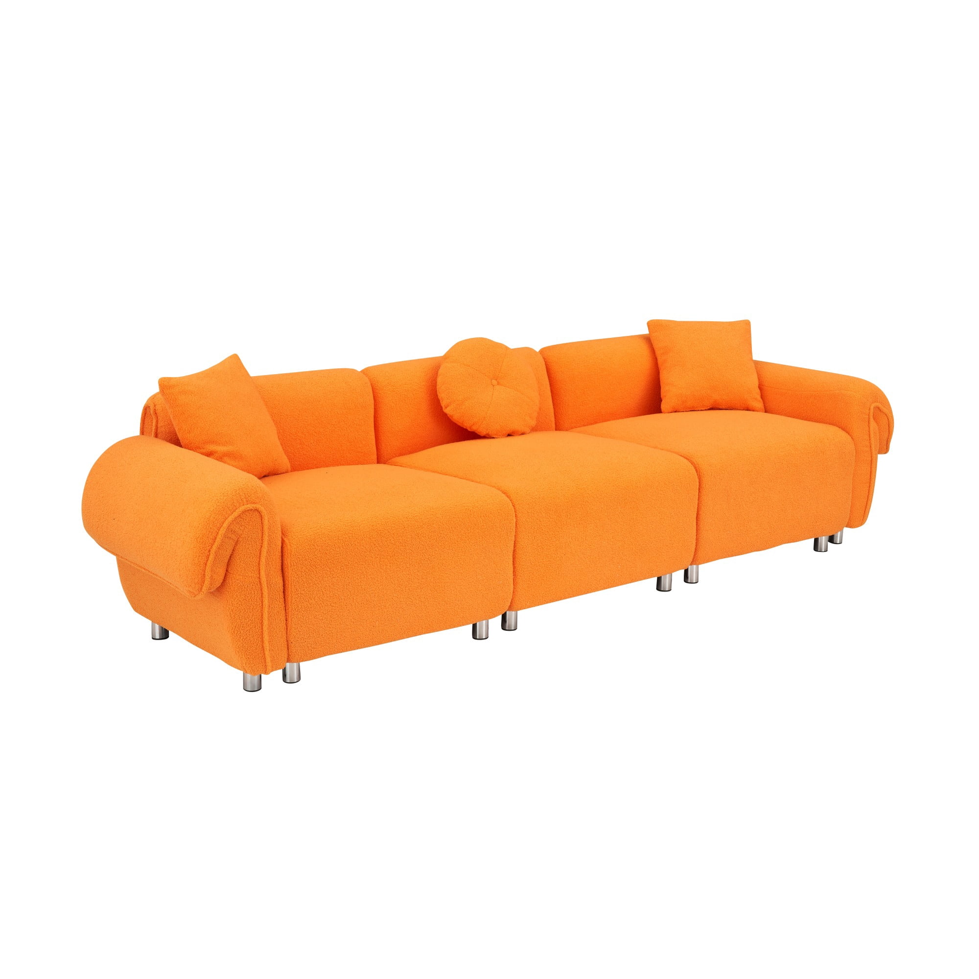 Sectional Sofa,3 Seat Sofa Couch Set with 3 Throw Pillows,112 inch Sofa Couch with Teddy Velvet Fabric for Living Room,Apartment,Orange