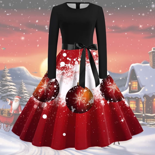 WILLBEST Vestidos Mujer Vintage Manga Larga Cuello Redondo Navidad Años 50 Fiesta de Noche Prom Fiesta Playa Vestido Extra Grande