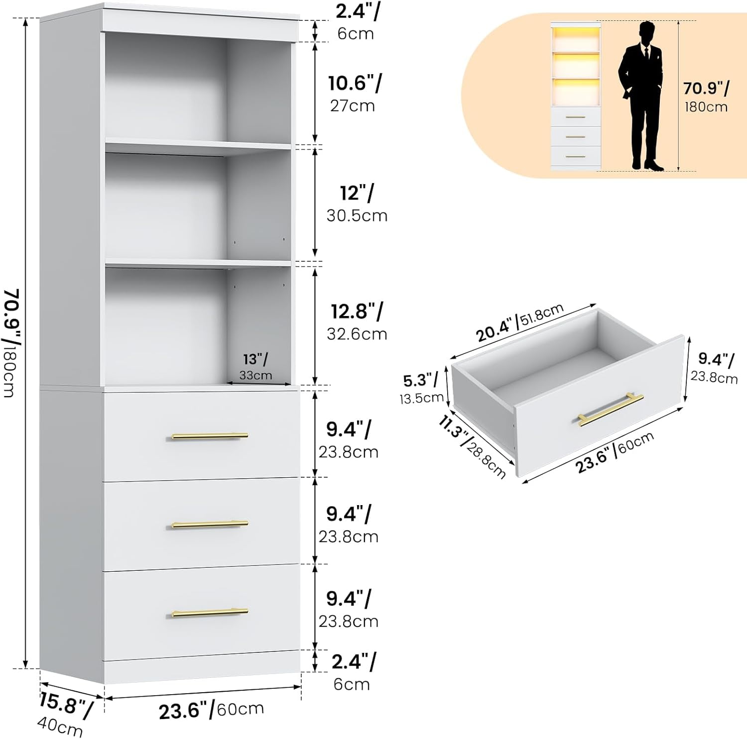 Winkalon 71" H White Bookshelf with Drawers, Bookshelf and Bookcase with 3-Tier Open Shelves, Tall Bookcase Tall Storage Cabinet for Home Office