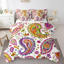 Manfei Colorful bohemian Paisley 7-Piece Bedding Comforter Set,Boho Style Floral King Bedding Sets,Pink Green White Bed Sheets For Women Women,Breathable Home Decor Reversible