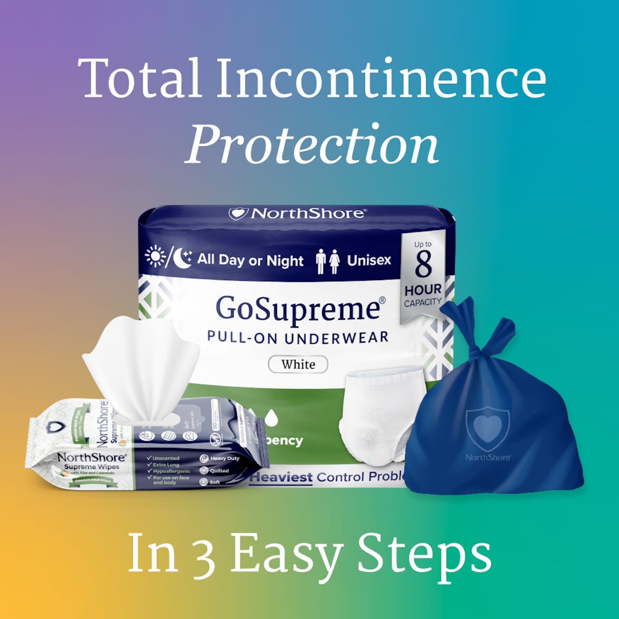 NorthShore GoSupreme Overnight Incontinence Underwear, 8-Hour Pullup Style, Small, 14 Count Bag, White, 22-32 inches, Unisex Adult Diapers