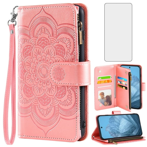 Asuwish Compatible with Google Pixel 9/Pixel 9 Pro Wallet Phone Case and Tempered Glass Screen Protector Flower Faux Leather Flip Credit Card Holder Stand Zipper Cell Cover for Pixel9 9Pro Women Pink