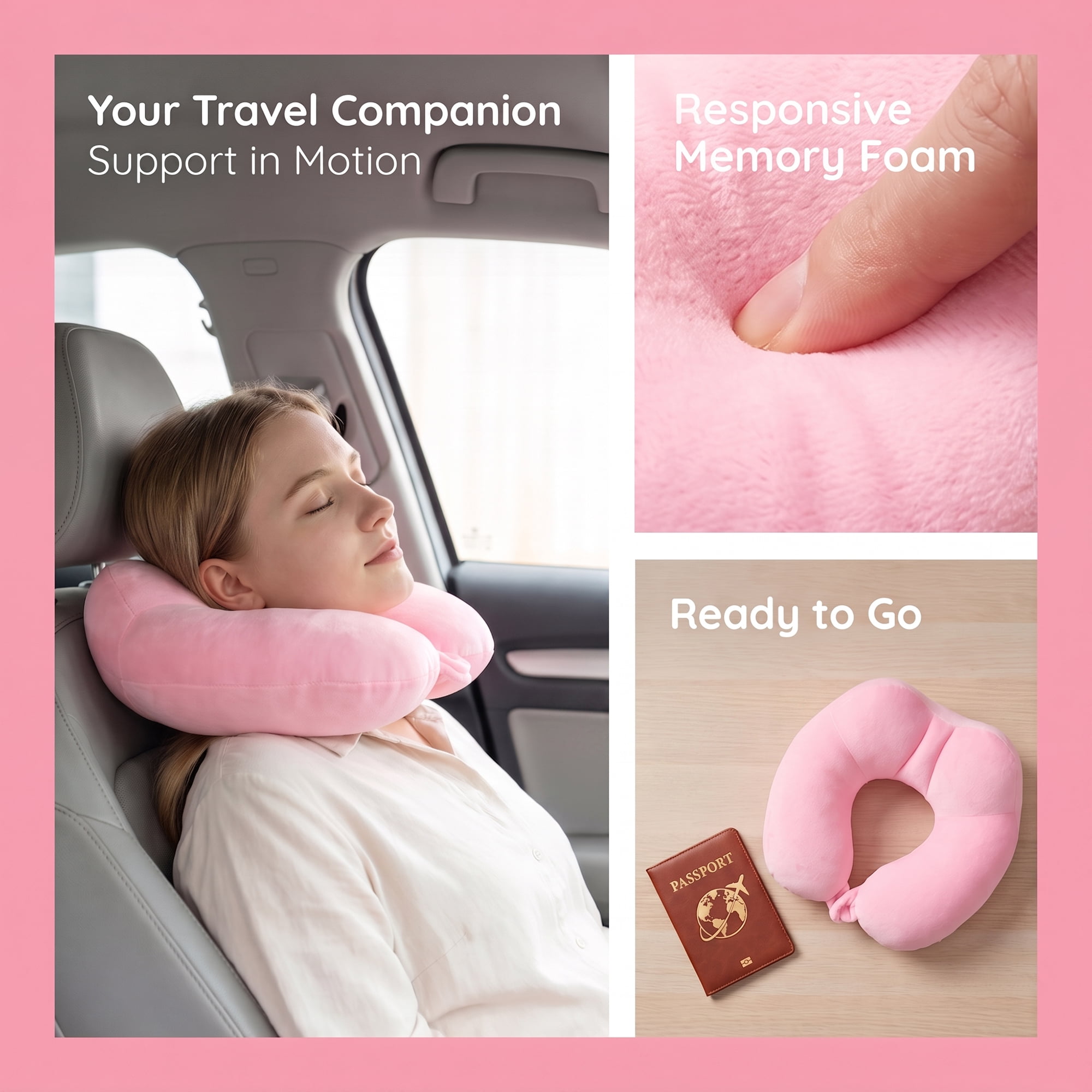 Unique Bargains Memory Foam U Shape Travel Neck Pillow Snap Closure Pink 12"x11"x5"