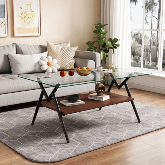 38.6" Modern 2-Tier Coffee Table Tempered Glass Top with MDF Storage Shelf, Black X Metal Legs Rectangle Center Table for Living Room Apartment