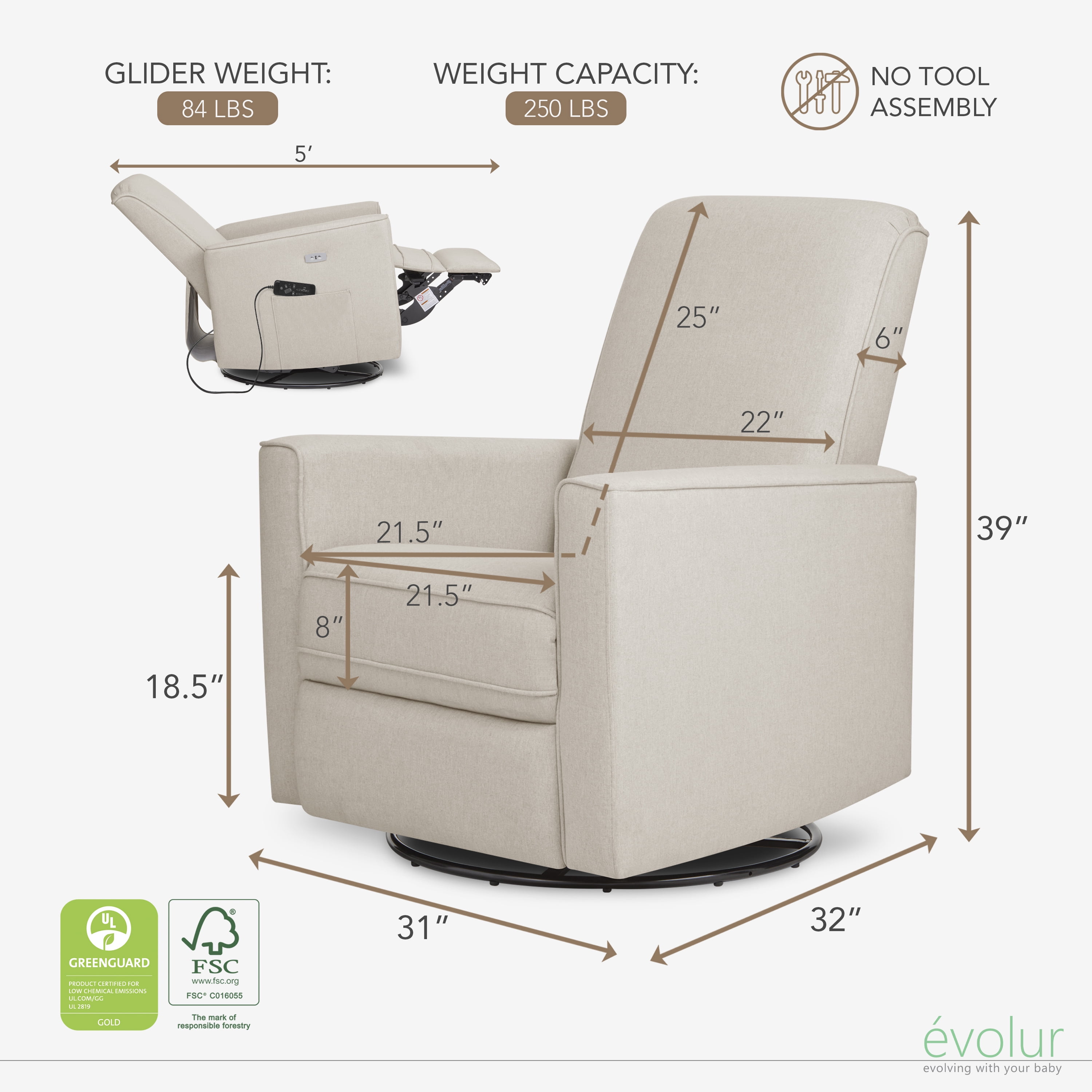 Evolur Harlow Deluxe Upholstered Glider, Power Recliner USB Port with in-Built Massager, Light Sand