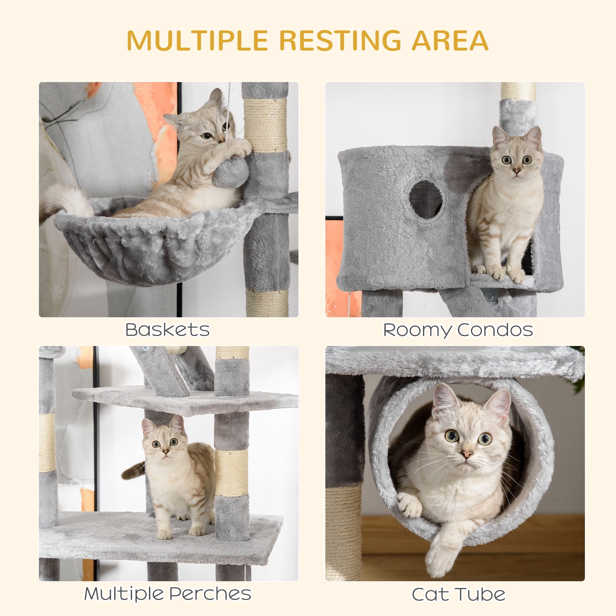 PawHut Floor to Ceiling Cat Tree, 94.5"-102.5" Height Adjustable Cat Climbing Tower with Scratching Posts, Condos, Hammocks, Platforms, Dangling Balls