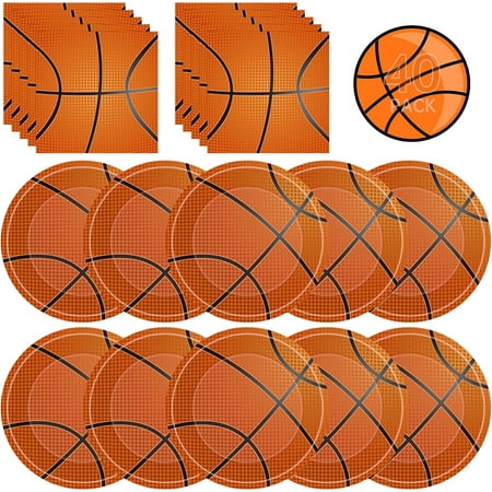ZJQYDS 40 Pcs Basketball Plates and Napkins Sets - Sports Birthday Party Supplies Tableware, Brown Disposable Paper Plates Napkins Kit for Basketball Birthday Party Decorations Table Decor