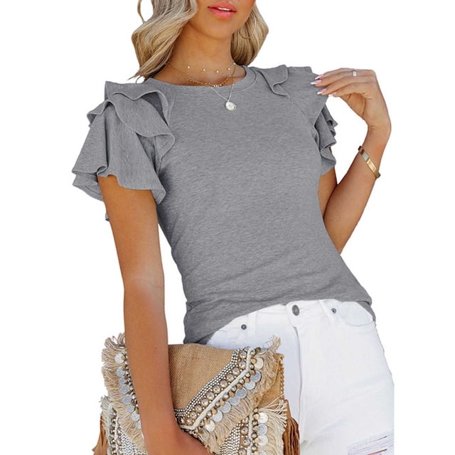 SMihono Womens Tops Womens Tank Top Women Summer Round Neck Casual Solid Color Ruffles Slim Fit Pullover Blouse Tank Tops for Women Womens Summer Tops