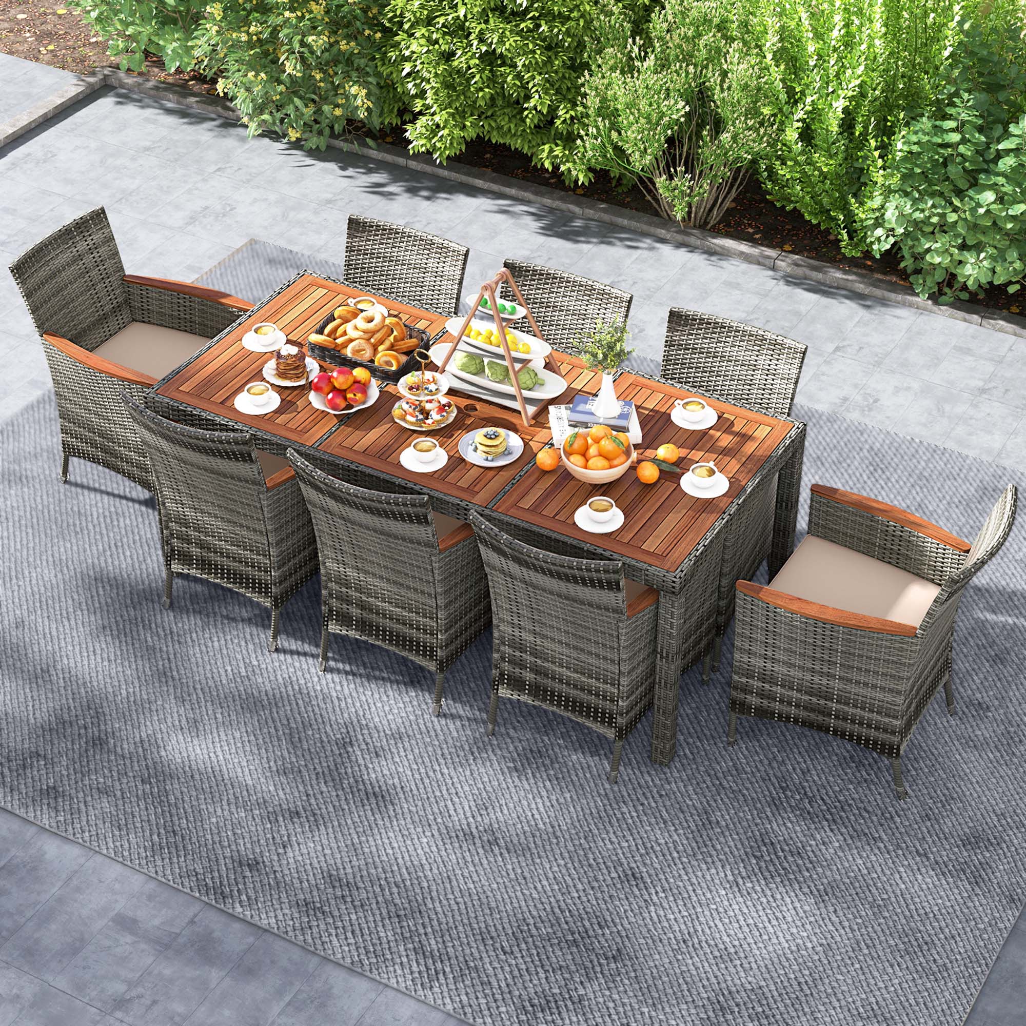 Costway 9PCS Patio Rattan Dining Set Acacia Wood Table Cushioned Chair Mix Gray - image 5 of 10