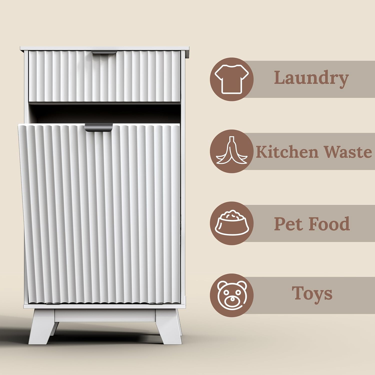 FANRAL Single Tilt Out Laundry Hamper Cabinet,10 Gallon Wooden Hidden Storage Cabinet,Fluted Trash Can for Bathroom Kitchen Living Room,White Laundry Basket Cabinet