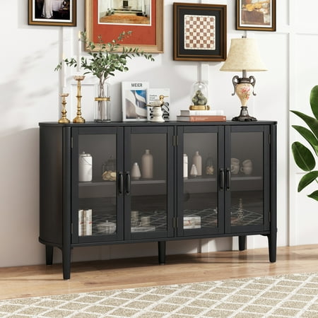 Christopher Knight Home 58" Large Storage Cabinet with 4 Glass Doors, Wood Frame, Stylish Style, Black