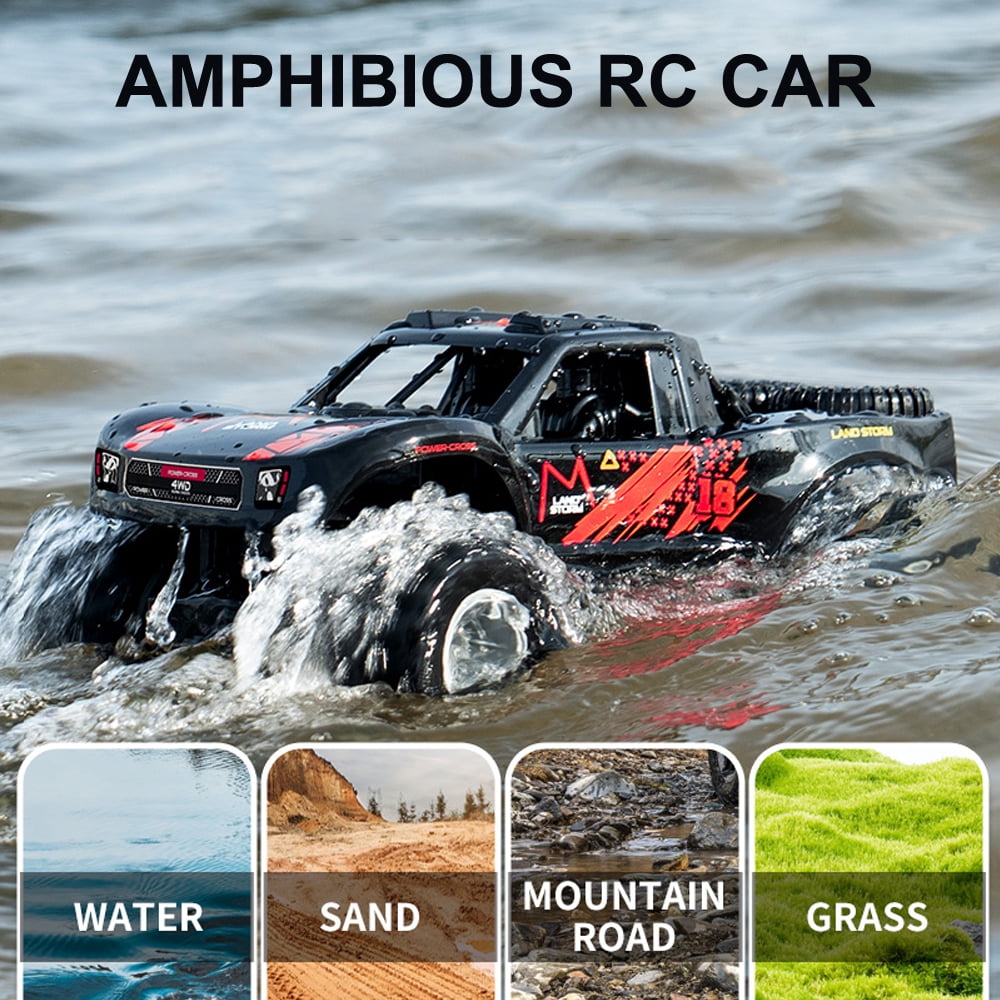 Amphibious Remote Control Car Truck Toys, 1:16 All Terrain 4WD Off-Road RC Car Waterproof, Monster Truck for Boys, Kids Pool Toys Gifts, 2 Batteries