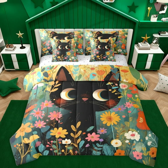 Homewish Kawaii Cat Kitten 7-Piece Twin Bedding Sets,Cute Daisy Floral Bedding Comforter Set,Green Black Orange Sheet Sets For Girls Kids,Microfiber Bedroom Decor Reversible